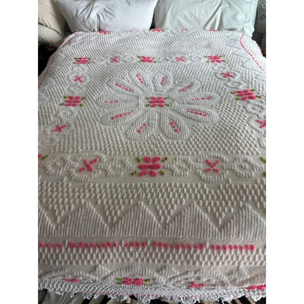 Vintage Pink Floral Chenille Bedspread